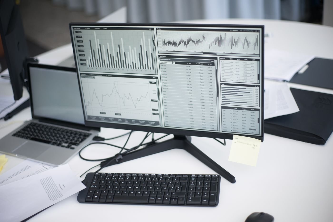 Workspace with automated reporting dashboards on screen